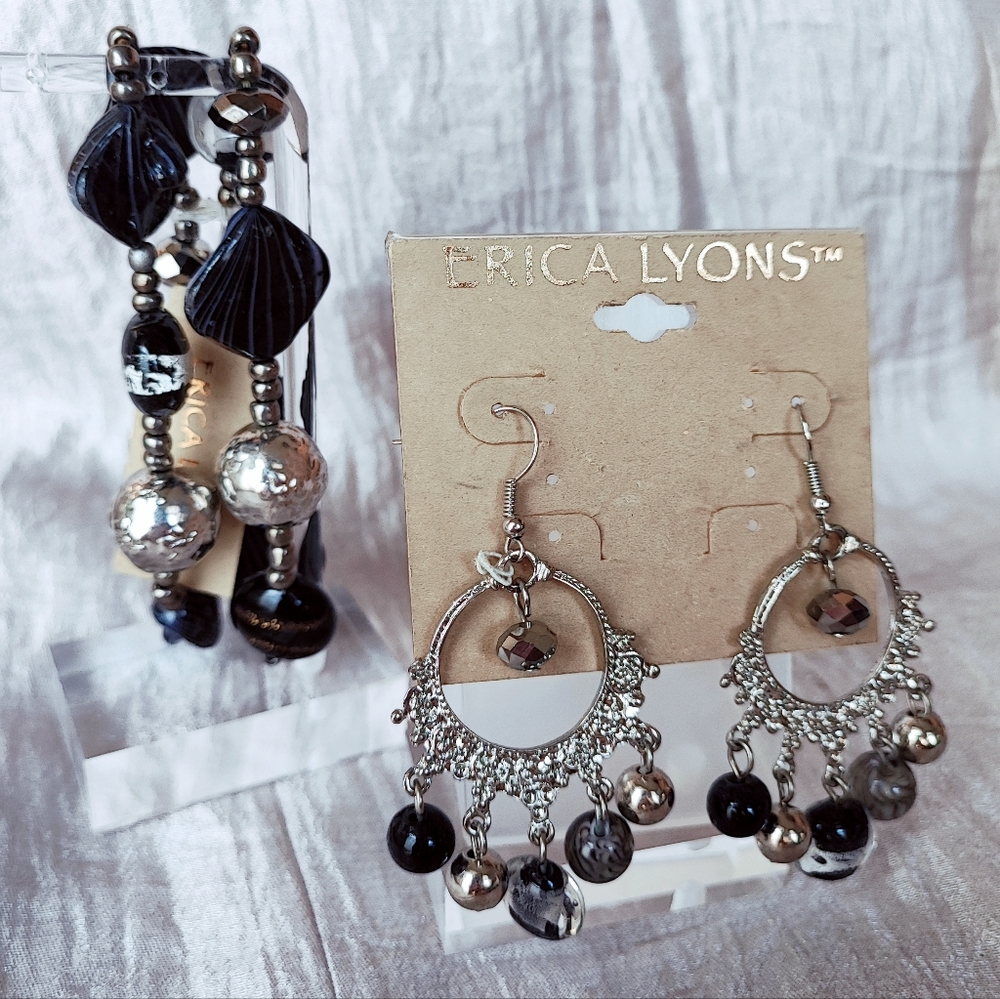 Erica Lyons Art Glass Silver Foil Crystal Beaded Bracelet and Earrings Set NOC